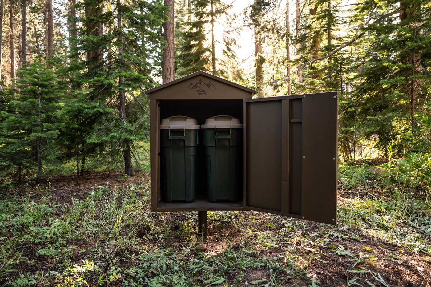 Mountain BearBox open showing two trash cans inside